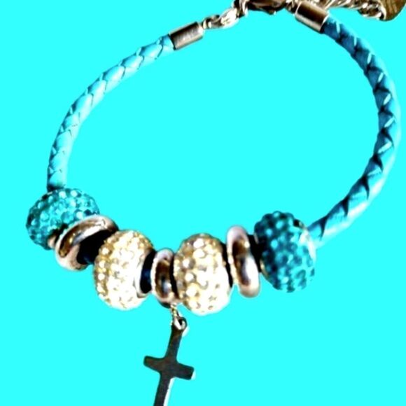 BRACELET Braided LEATHER with Quality BEADS covered in ZIRCON type RHINESTONES - Picture 1 of 7